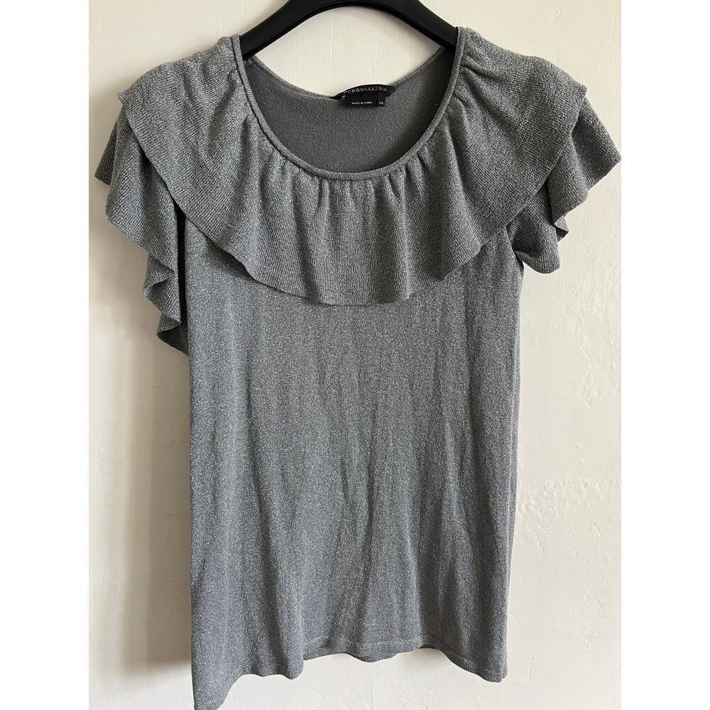 Silver sparkle BCBGMaxAzaria ruffle sleeve‎ top Size XS
